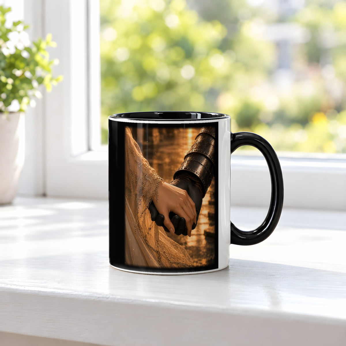 Das stille Versprechen – Tasse innen schwarz, auf der Fensterbank