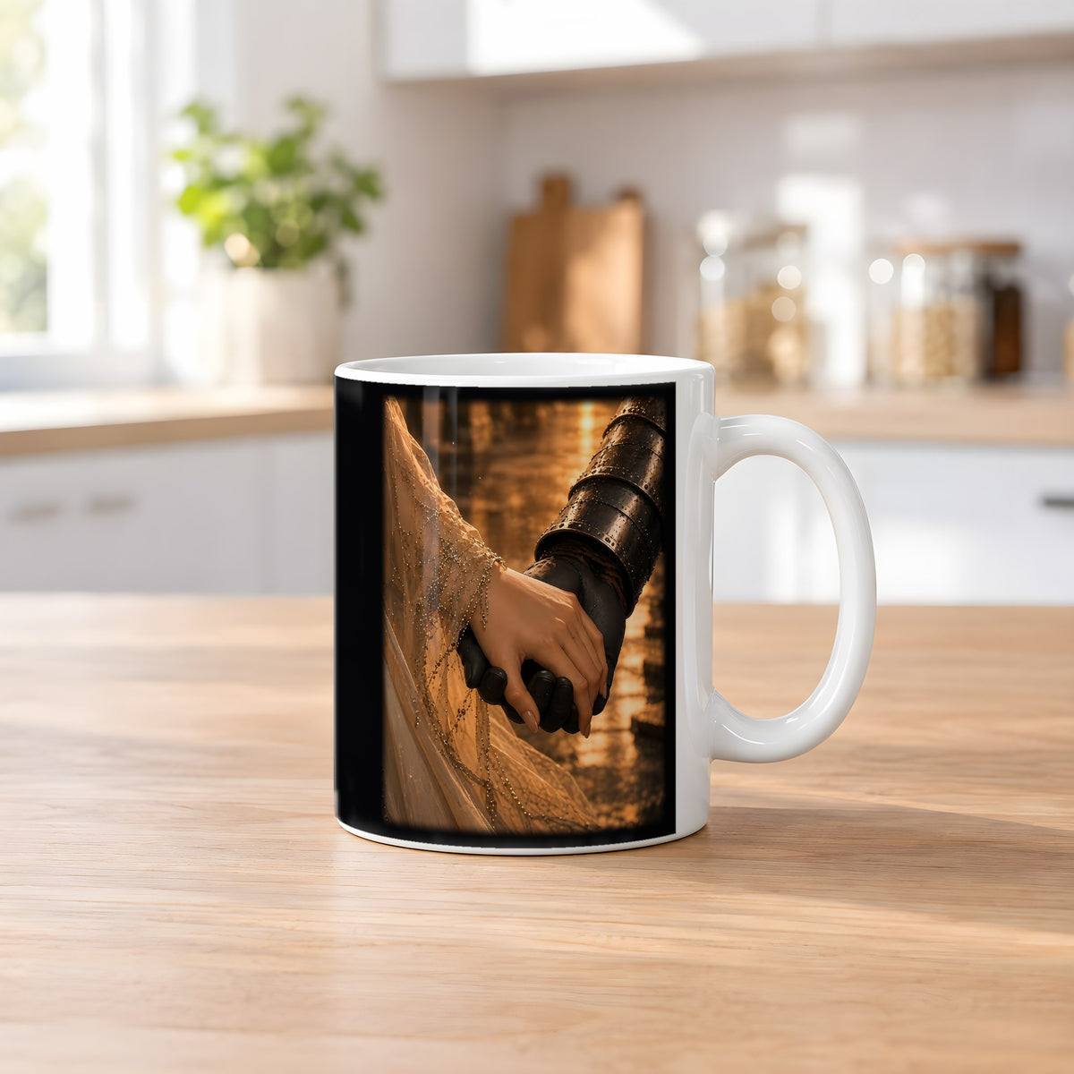 Das stille Versprechen – weiße Tasse, auf dem Küchentresen