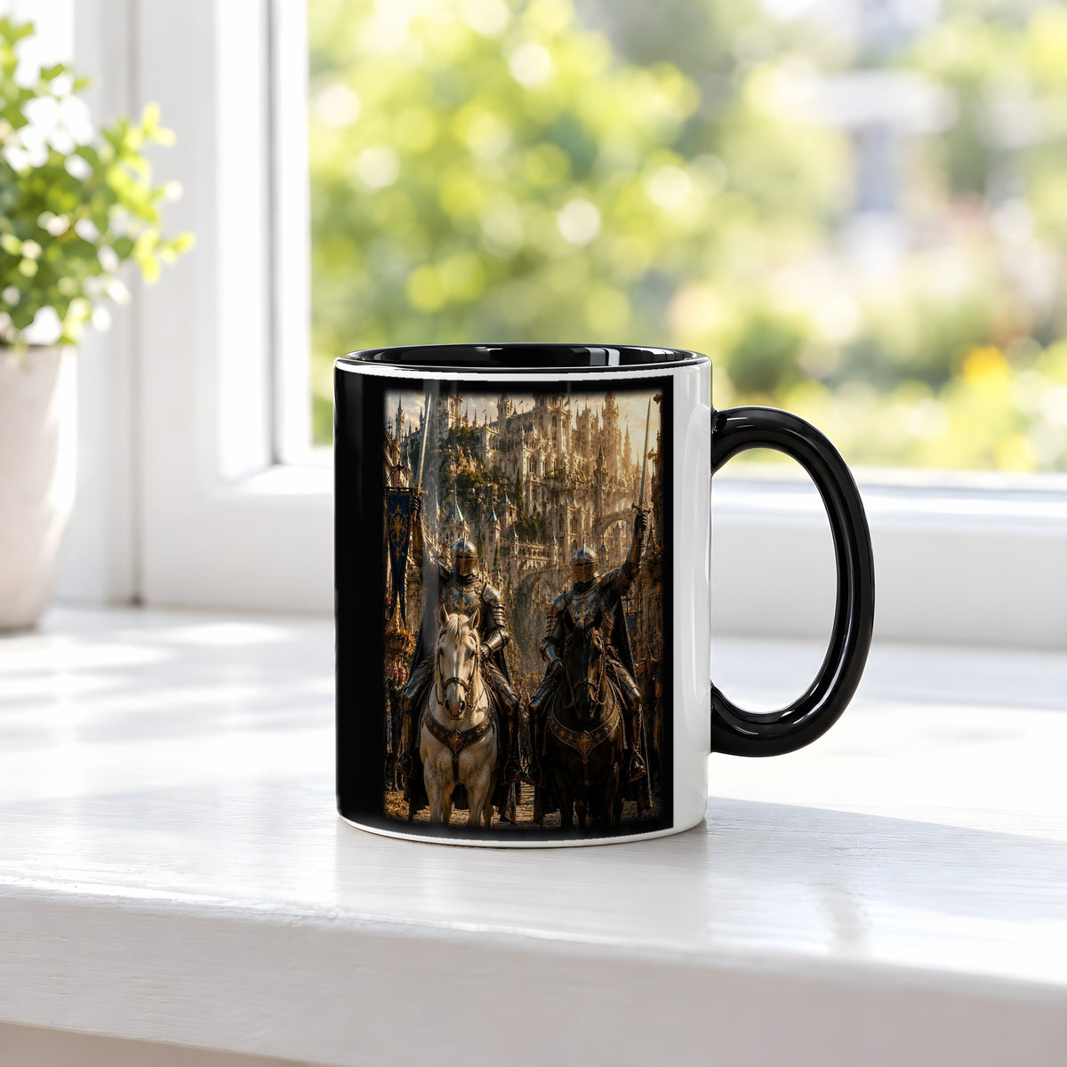 Die Schwertbrüder – Tasse innen schwarz, auf der Fensterbank
