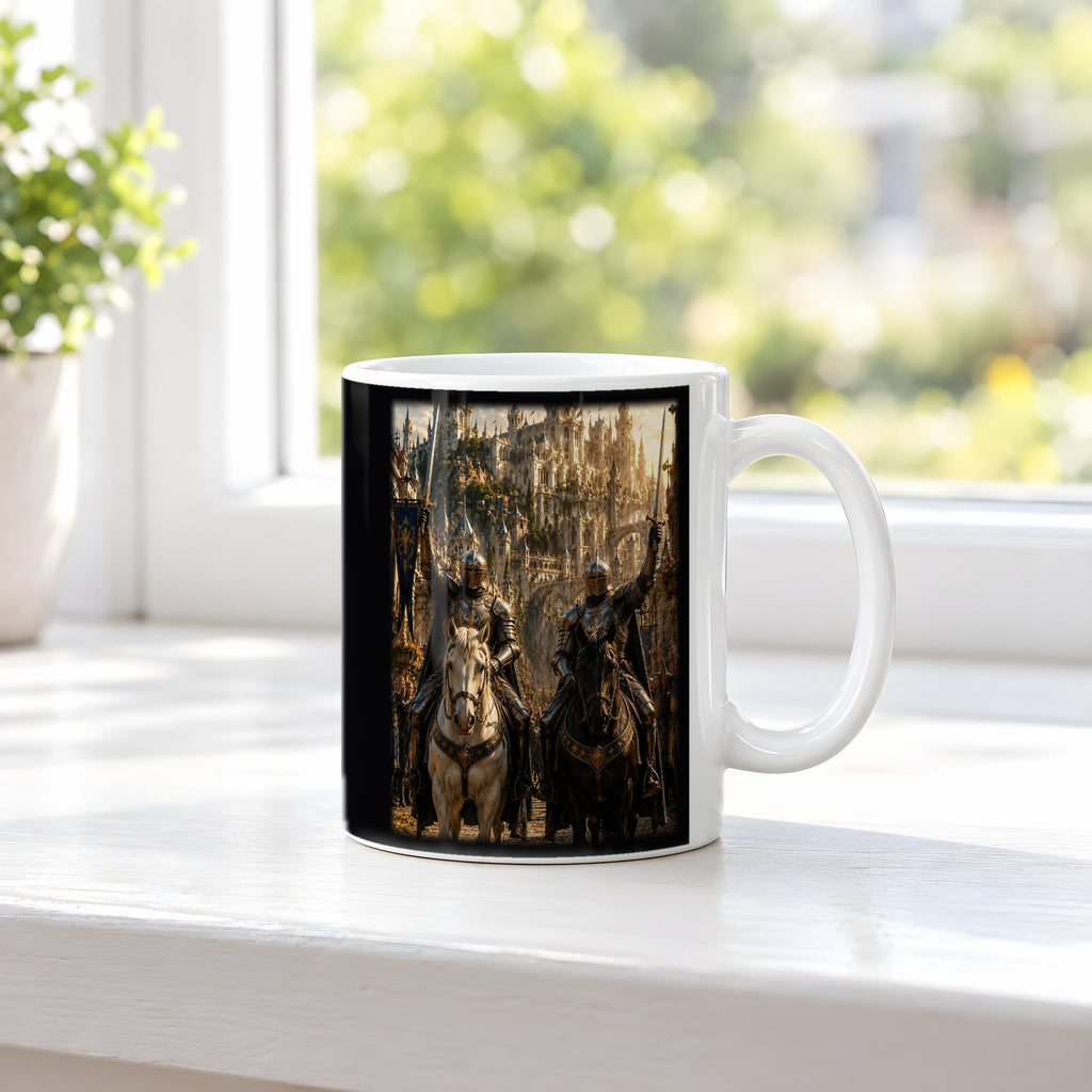 Die Schwertbrüder – weiße Tasse, auf der Fensterbank