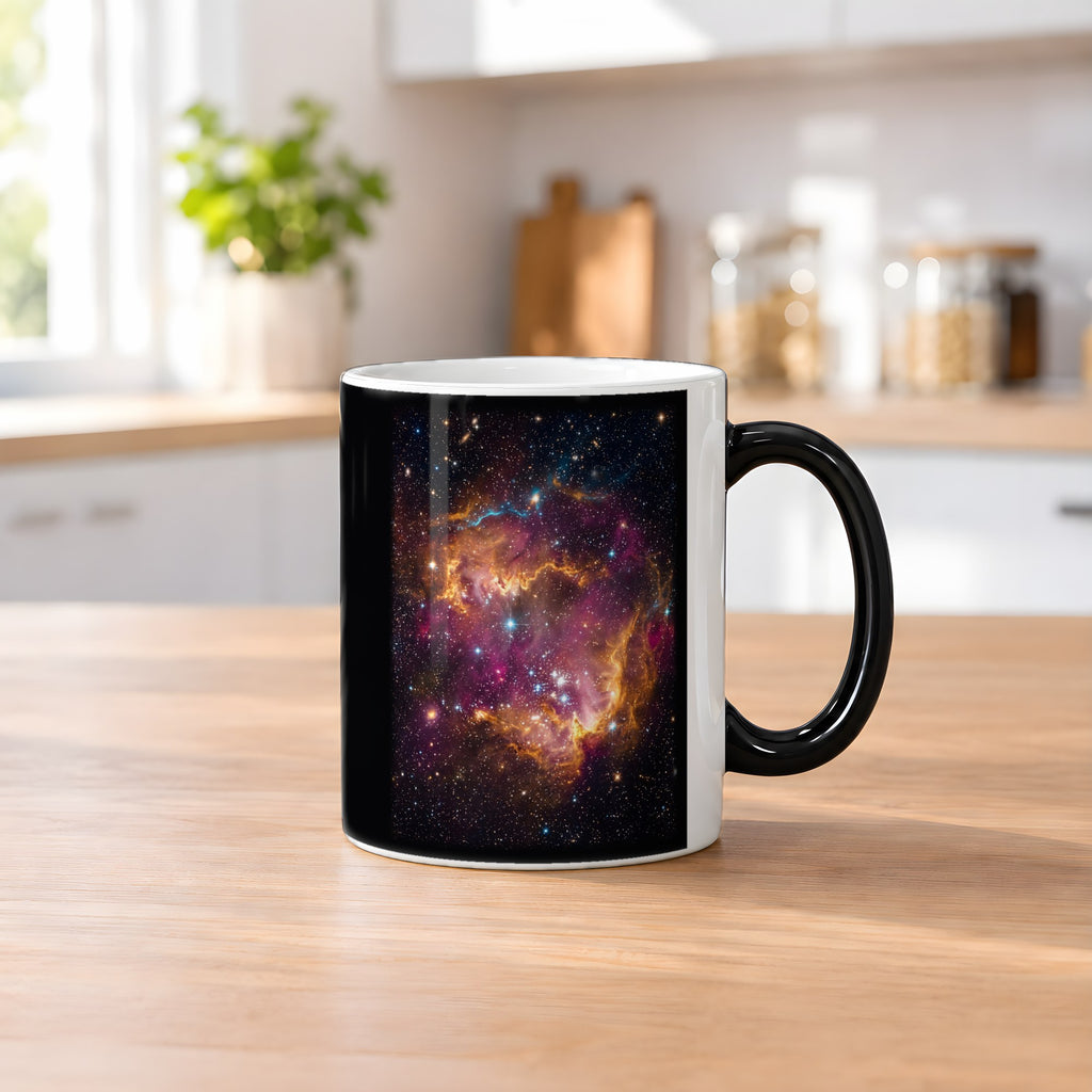 Die Sternenwiege – Black Edition Zaubertasse mit Motiv (heiß), auf dem Küchentresen