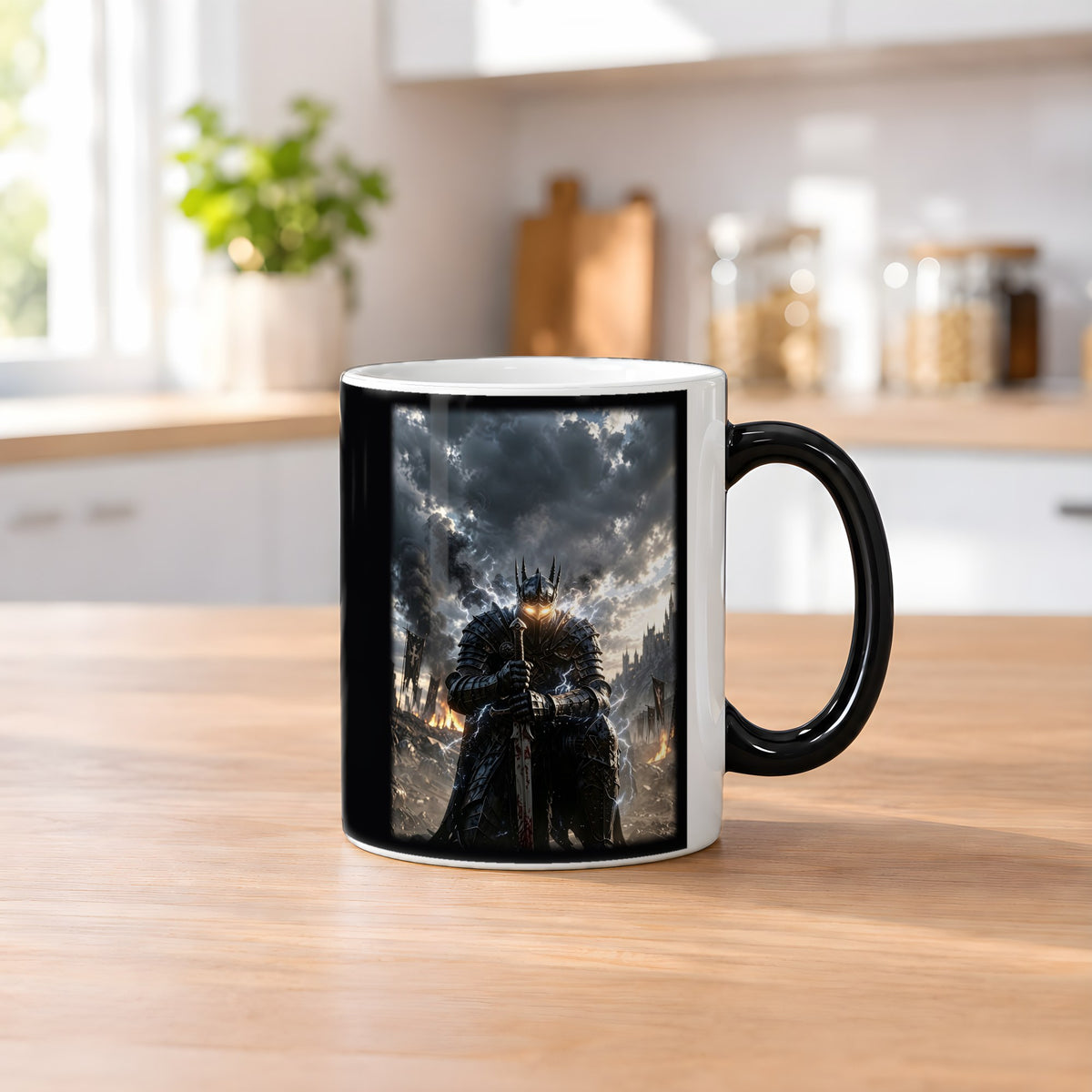 Der Sturmwächter – Black Edition Zaubertasse mit Motiv (heiß), auf dem Küchentresen