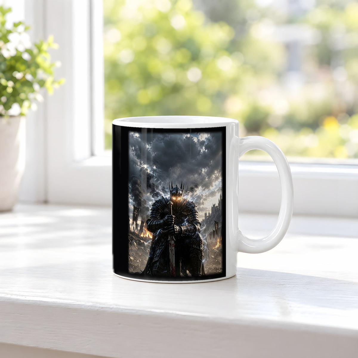 Der Sturmwächter – weiße Tasse, auf der Fensterbank