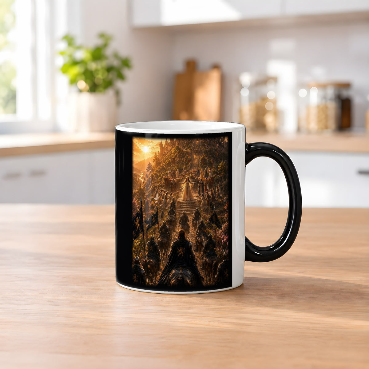 Der Siegeszug – Black Edition Zaubertasse mit Motiv (heiß), auf dem Küchentresen
