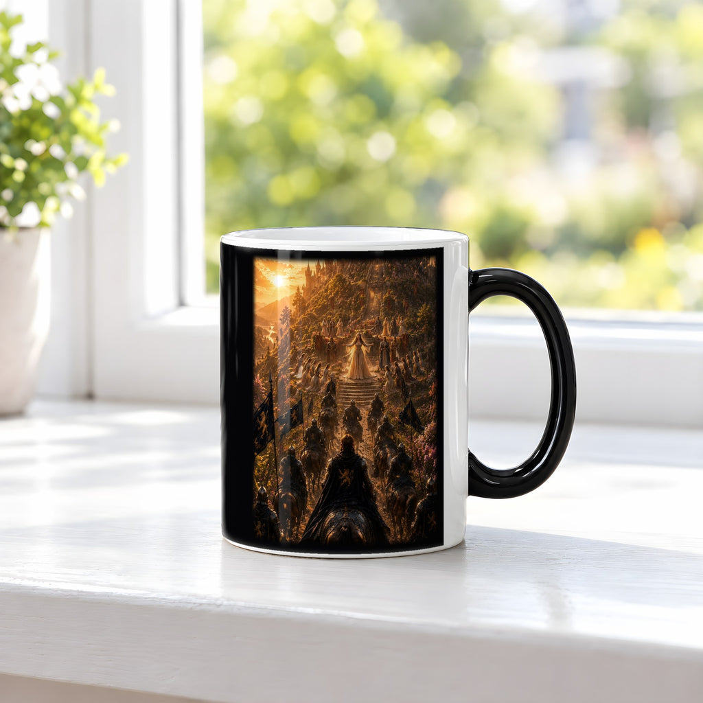 Der Siegeszug – Black Edition Zaubertasse mit Motiv (heiß), auf der Fensterbank