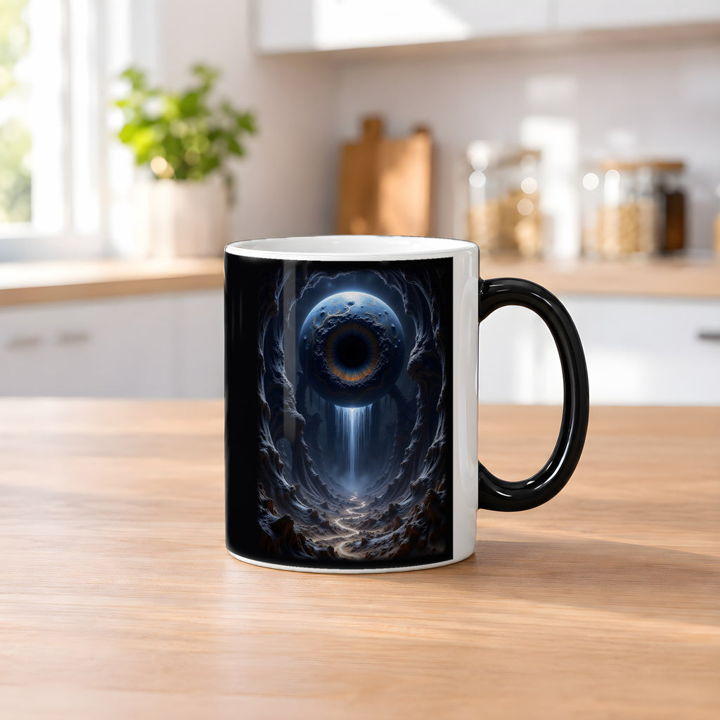 Das Tränenauge – Black Edition Zaubertasse mit Motiv (heiß), auf dem Küchentresen