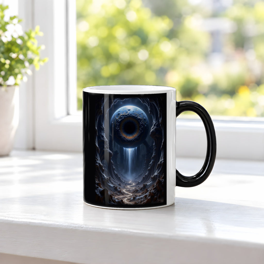 Das Tränenauge – Black Edition Zaubertasse mit Motiv (heiß), auf der Fensterbank