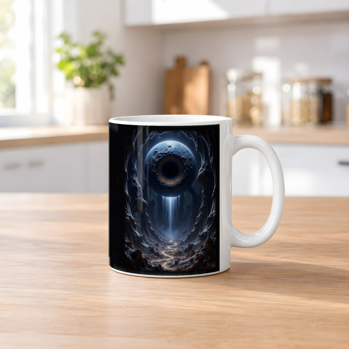 Das Tränenauge – weiße Tasse, auf dem Küchentresen