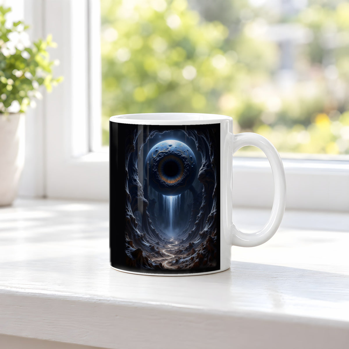 Das Tränenauge – weiße Tasse, auf der Fensterbank