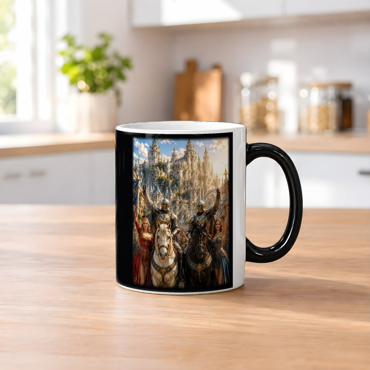Der Tag des Sieges – Black Edition Zaubertasse mit Motiv (heiß), auf dem Küchentresen