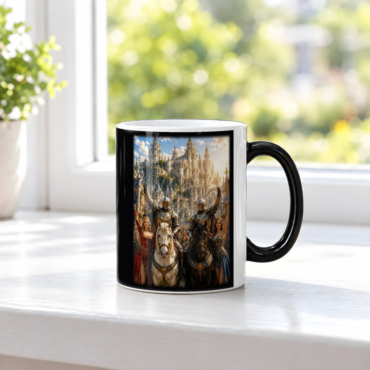 Der Tag des Sieges – Black Edition Zaubertasse mit Motiv (heiß), auf der Fensterbank