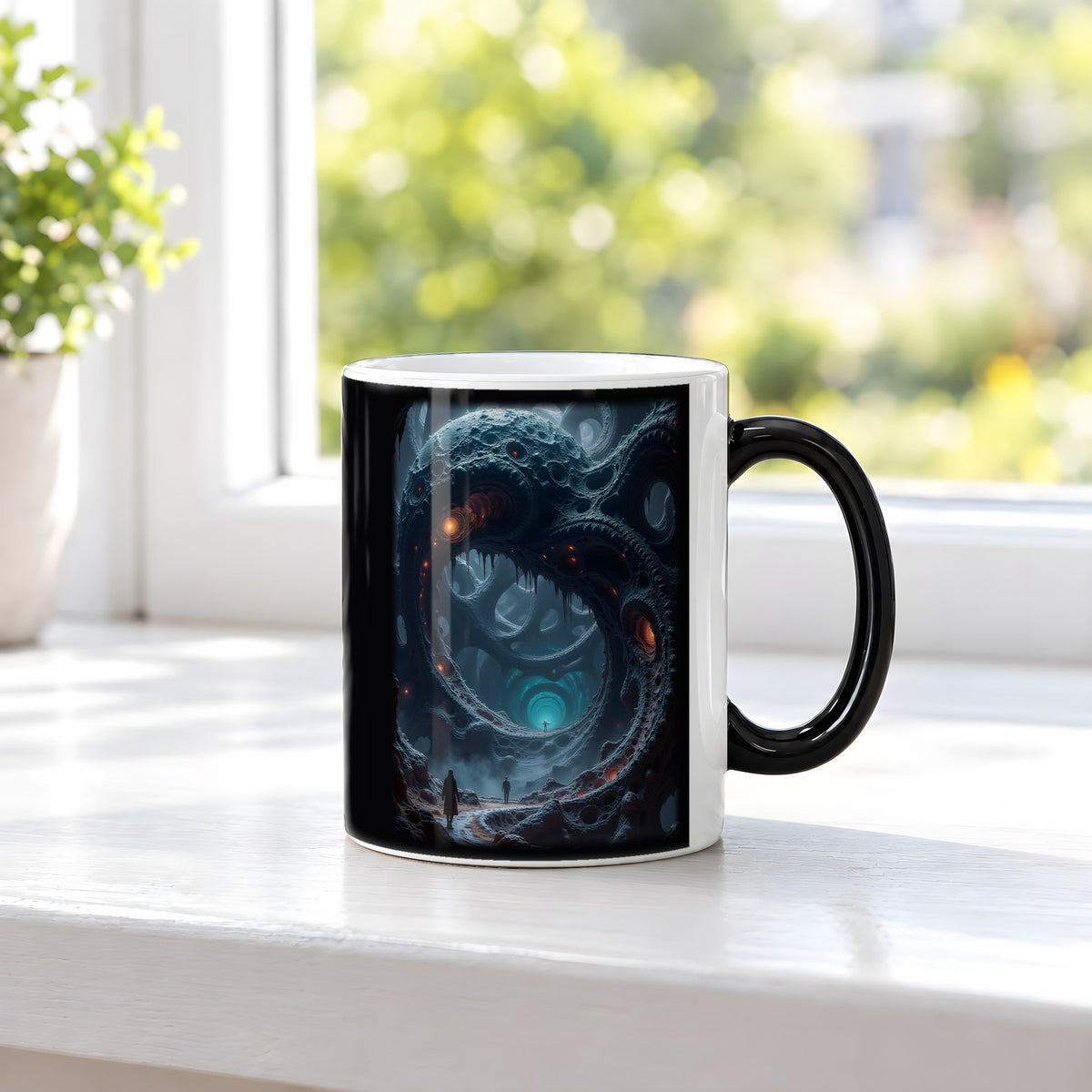 Das Tor der Tiefe – Black Edition Zaubertasse mit Motiv (heiß), auf der Fensterbank