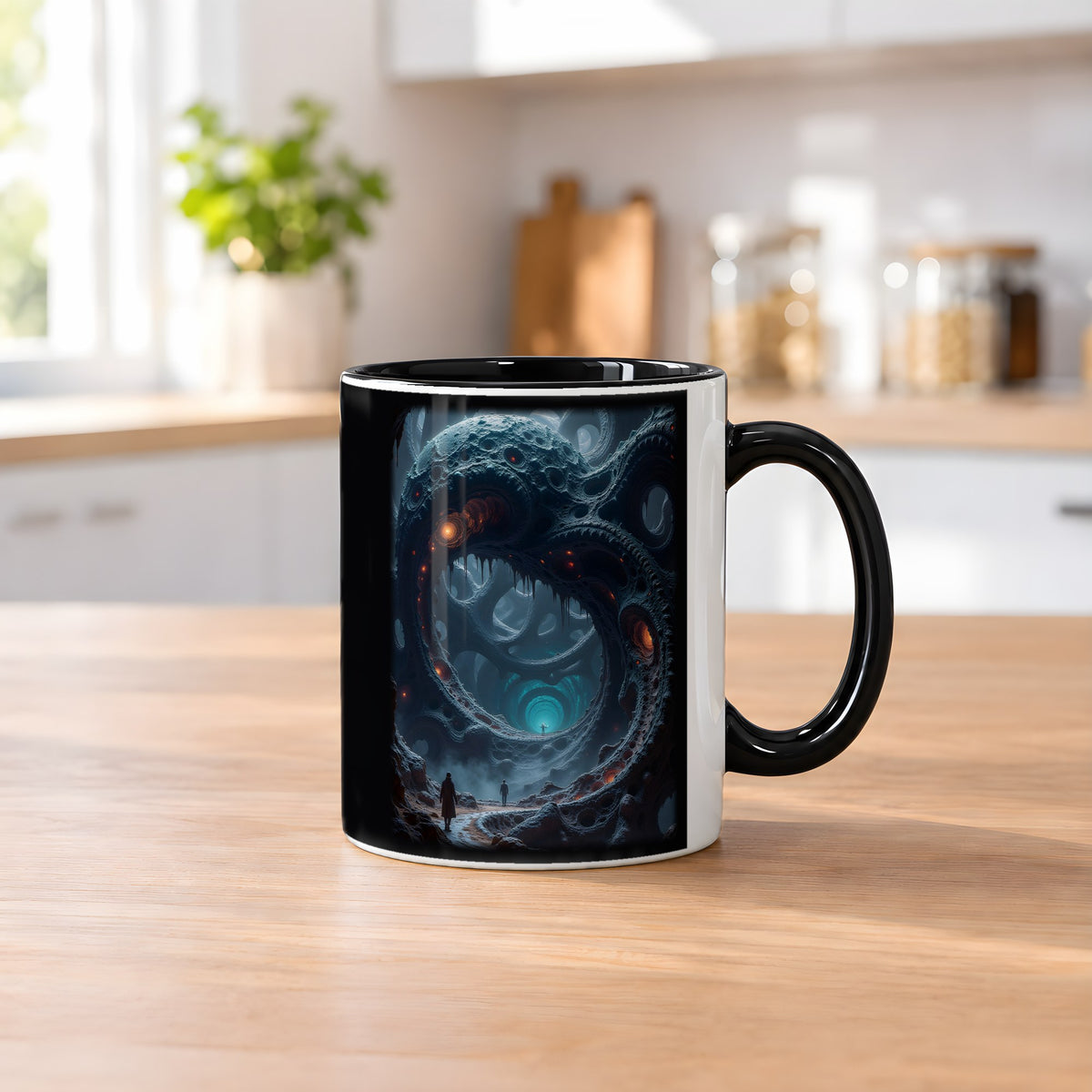 Das Tor der Tiefe – Tasse innen schwarz, auf dem Küchentresen
