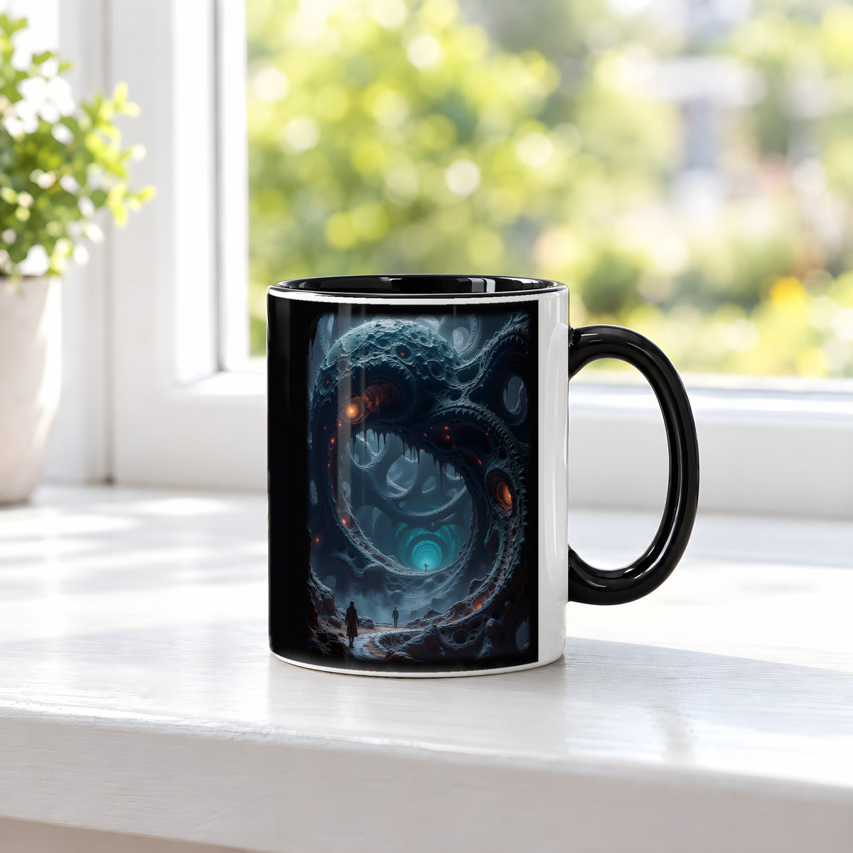 Das Tor der Tiefe – Tasse innen schwarz, auf der Fensterbank