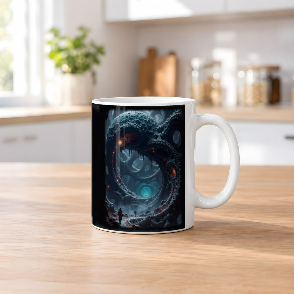 Das Tor der Tiefe – weiße Tasse, auf dem Küchentresen