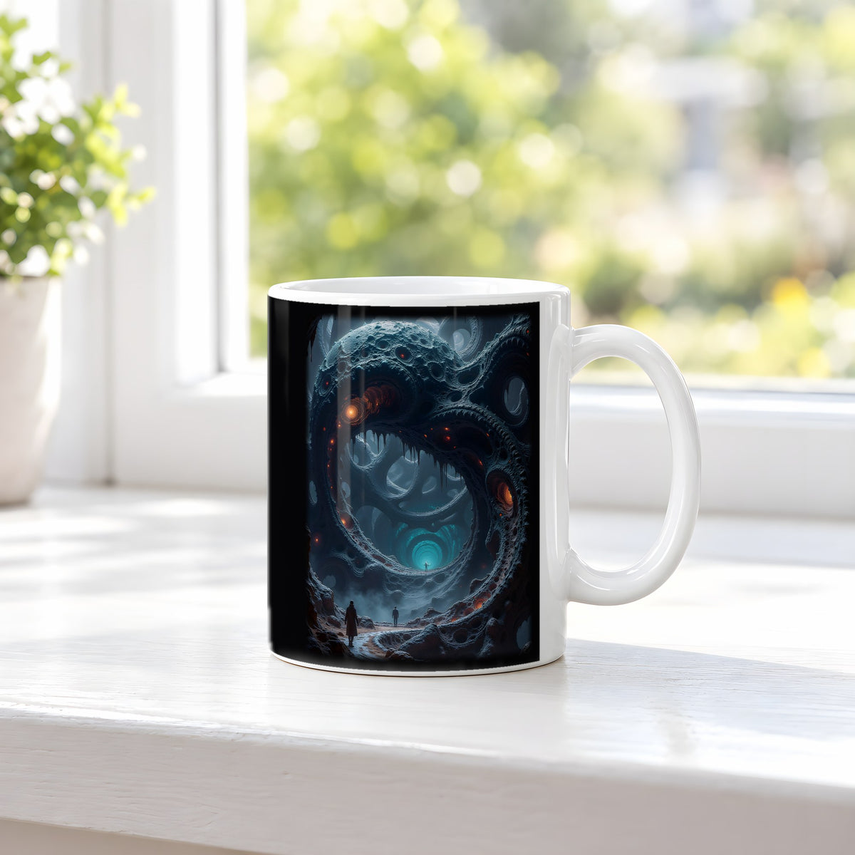 Das Tor der Tiefe – weiße Tasse, auf der Fensterbank