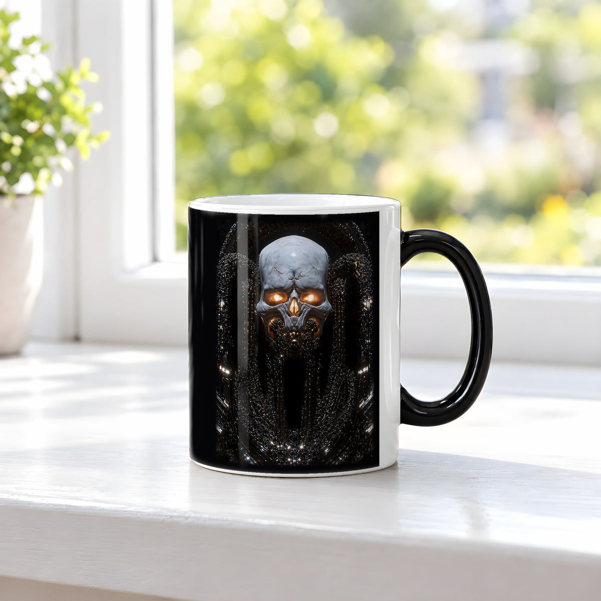 Der Totenfürst – Black Edition Zaubertasse mit Motiv (heiß), auf der Fensterbank