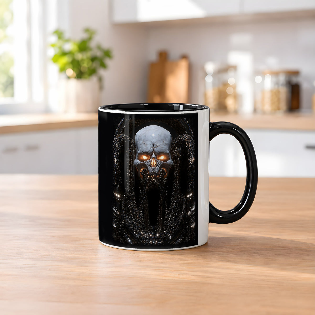 Der Totenfürst – Tasse innen schwarz, auf dem Küchentresen