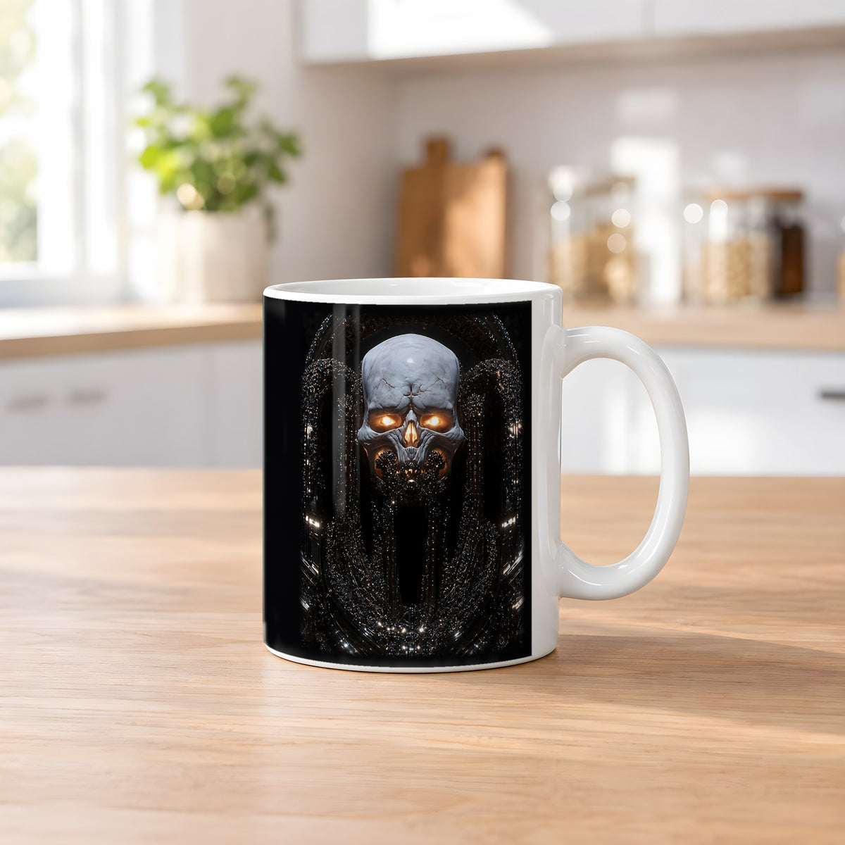 Der Totenfürst – weiße Tasse, auf dem Küchentresen