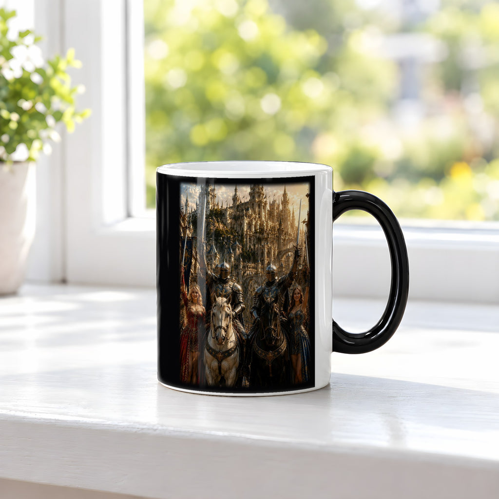 Der Triumphzug – Black Edition Zaubertasse mit Motiv (heiß), auf der Fensterbank