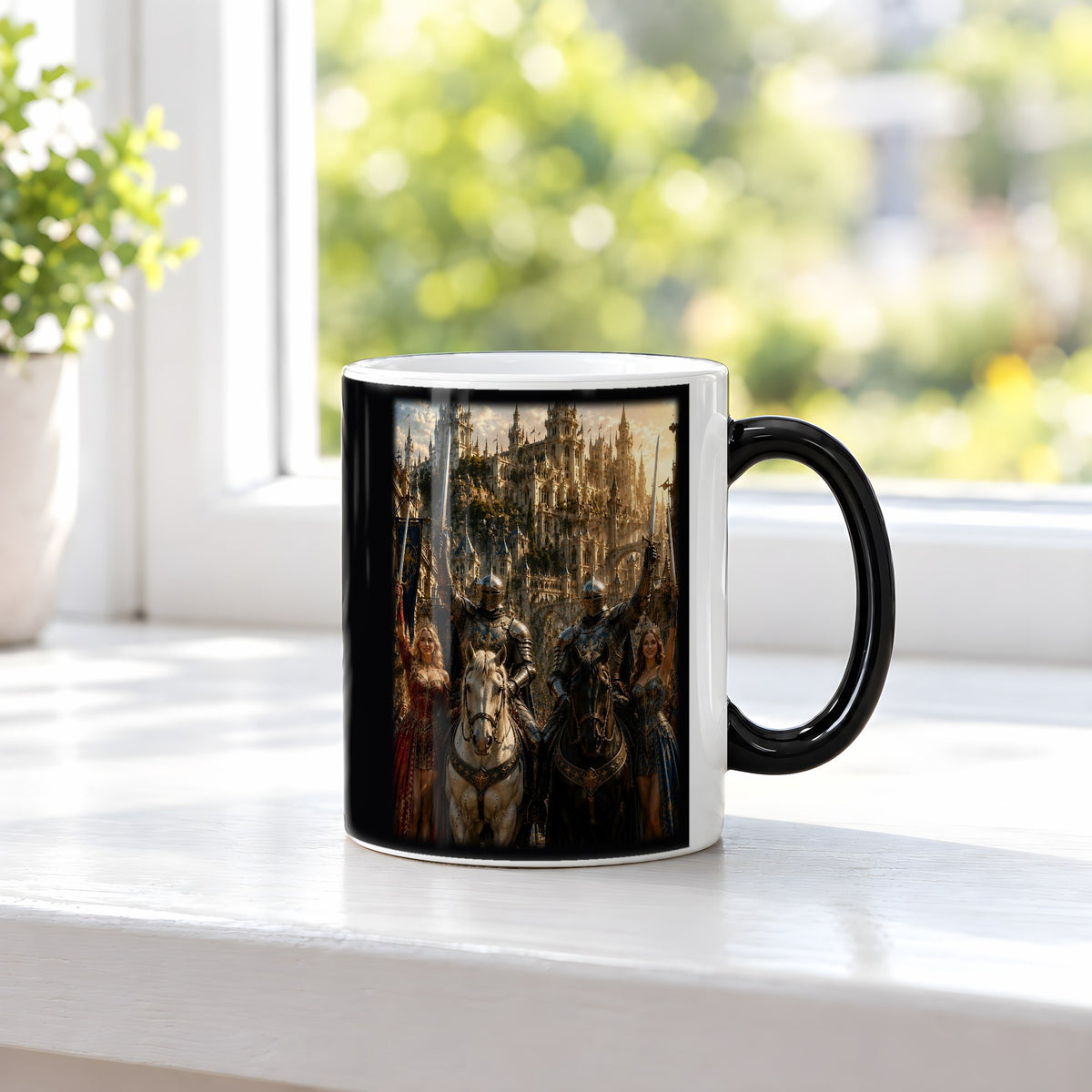 Der Triumphzug – Black Edition Zaubertasse mit Motiv (heiß), auf der Fensterbank