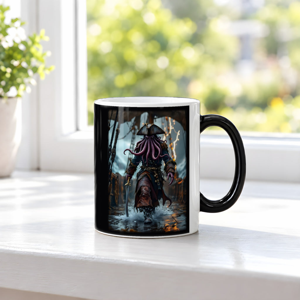 Der Tiefseekapitän – Black Edition Zaubertasse mit Motiv (heiß), auf der Fensterbank