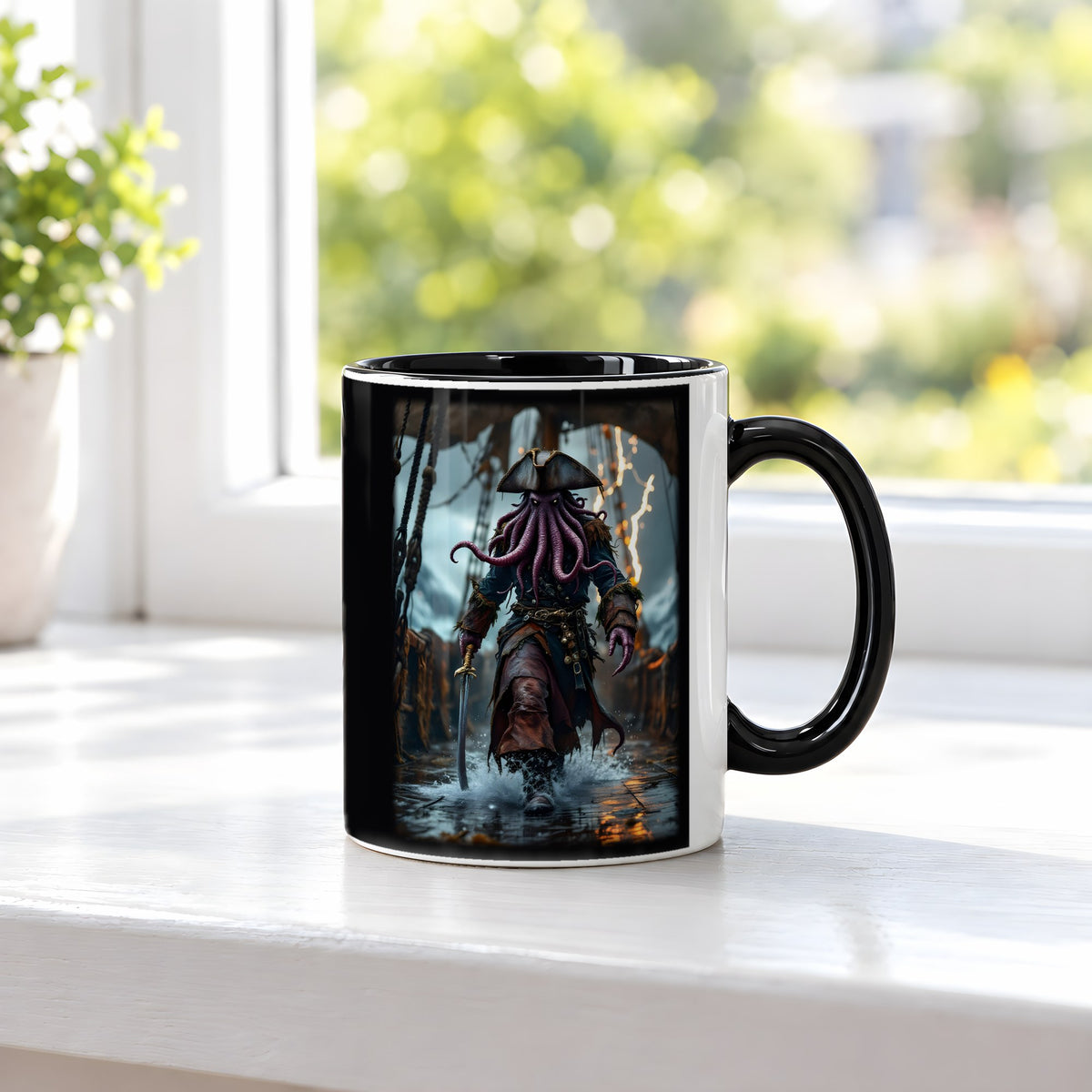 Der Tiefseekapitän – Tasse innen schwarz, auf der Fensterbank