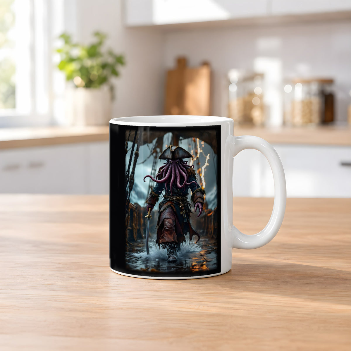 Der Tiefseekapitän – weiße Tasse, auf dem Küchentresen
