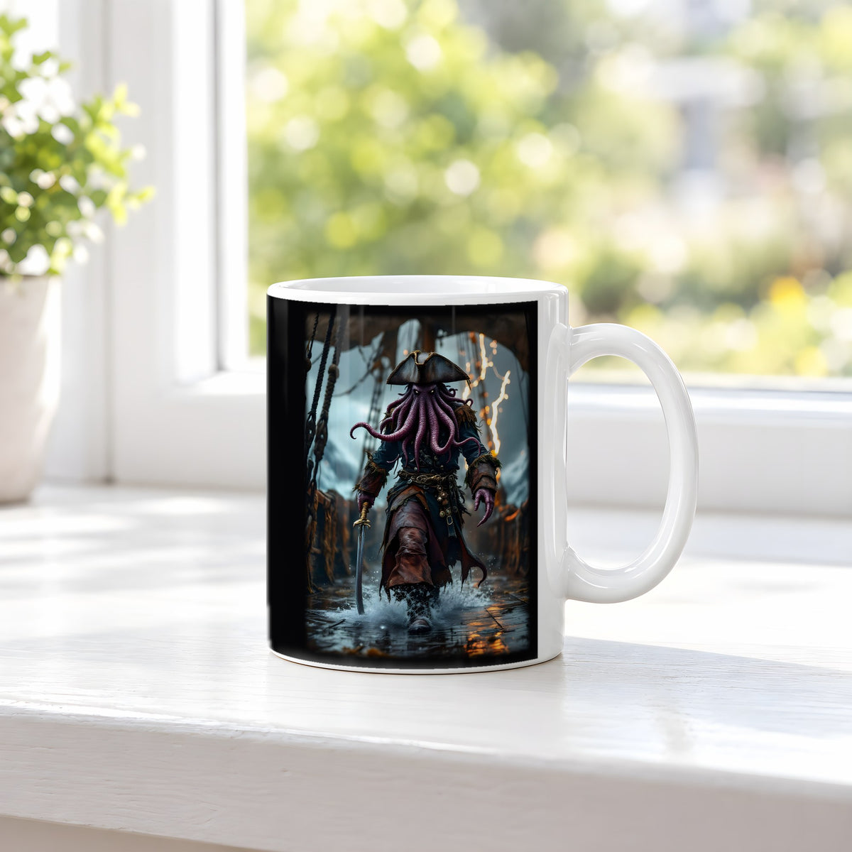 Der Tiefseekapitän – weiße Tasse, auf der Fensterbank