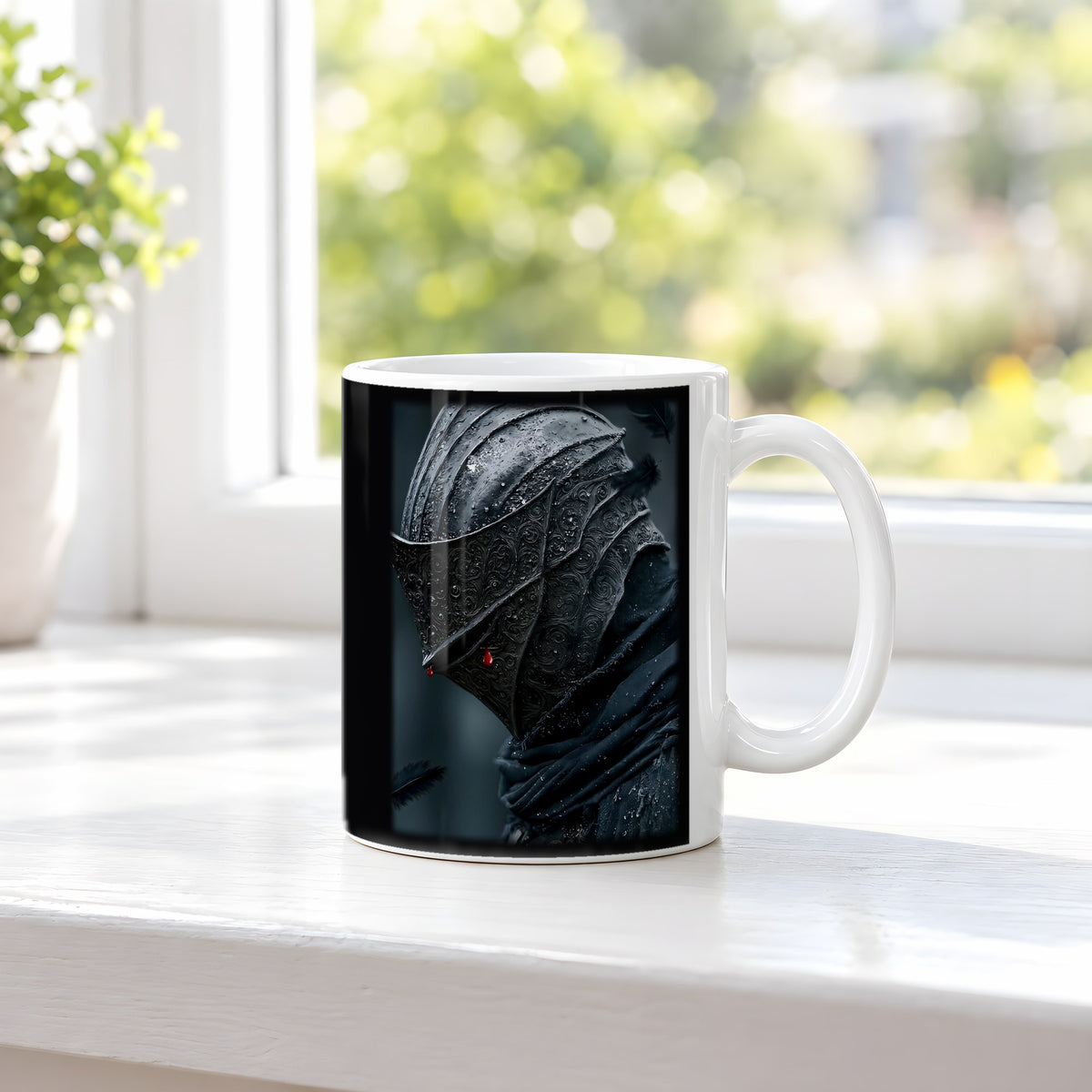 Tränen des Schwarzen Ritters – weiße Tasse, auf der Fensterbank
