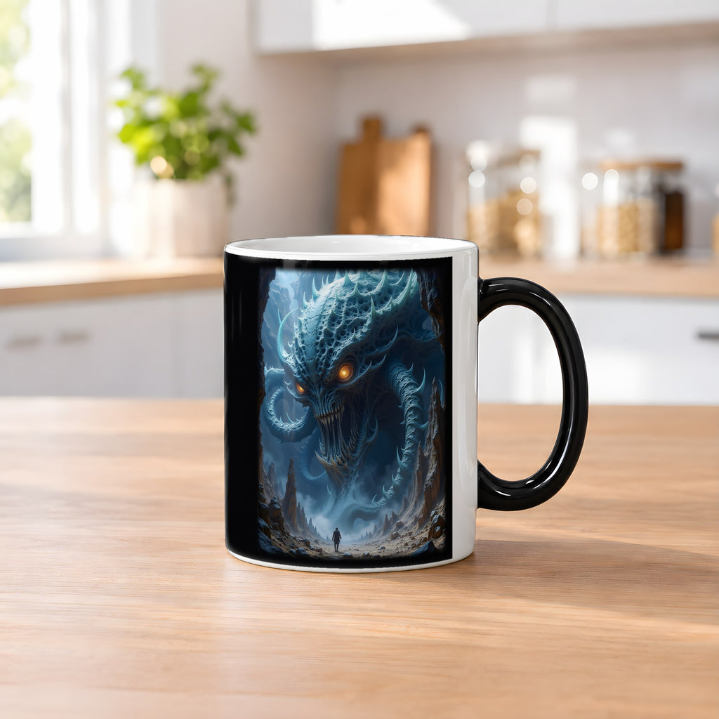 Der Tiefenwächter – Black Edition Zaubertasse mit Motiv (heiß), auf dem Küchentresen