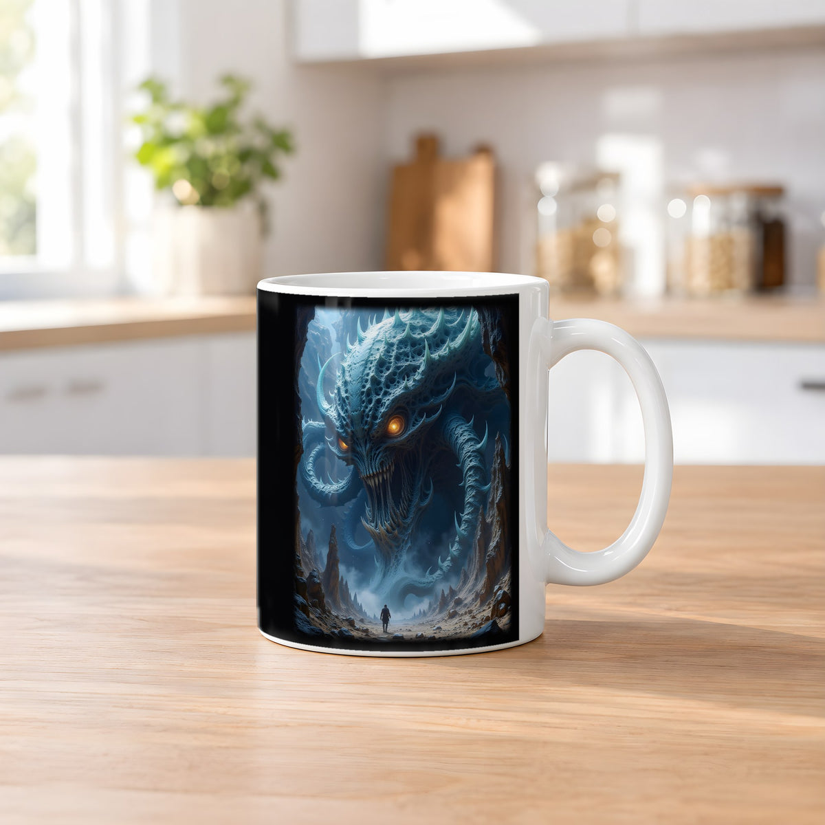 Der Tiefenwächter – weiße Tasse, auf dem Küchentresen