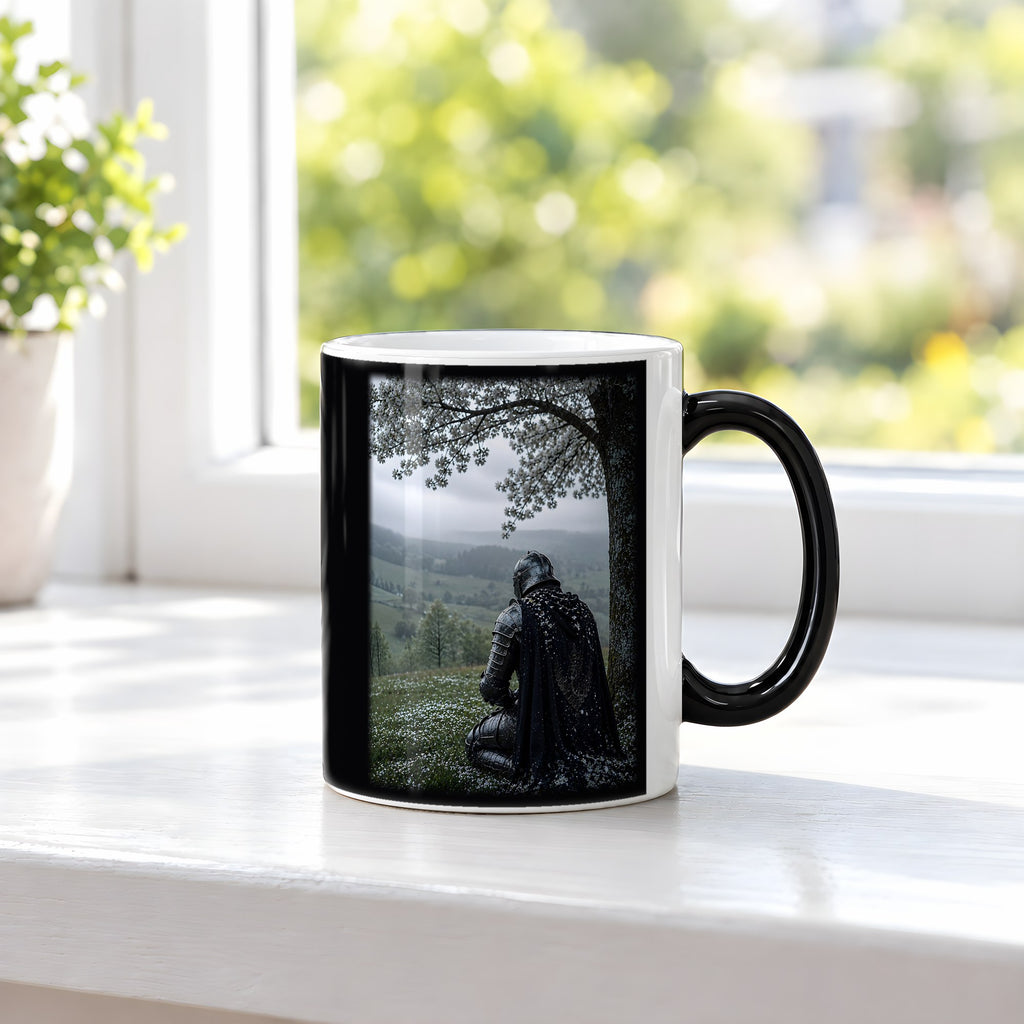 Unter dem Blütenbaum – Black Edition Zaubertasse mit Motiv (heiß), auf der Fensterbank