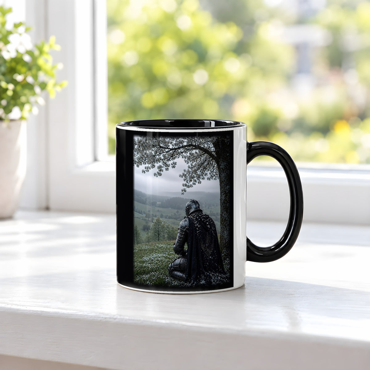 Unter dem Blütenbaum – Tasse innen schwarz, auf der Fensterbank