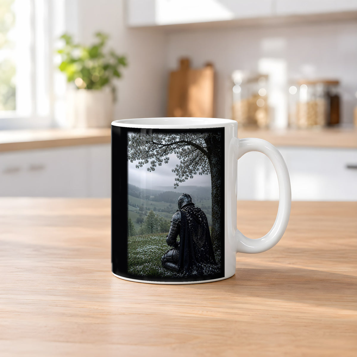 Unter dem Blütenbaum – weiße Tasse, auf dem Küchentresen