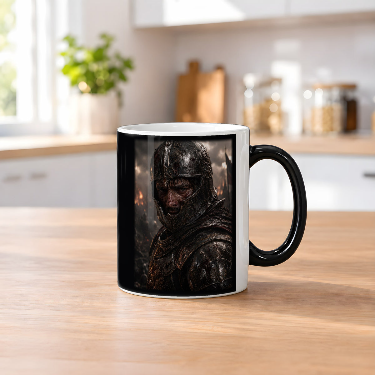 Der Überlebende – Black Edition Zaubertasse mit Motiv (heiß), auf dem Küchentresen
