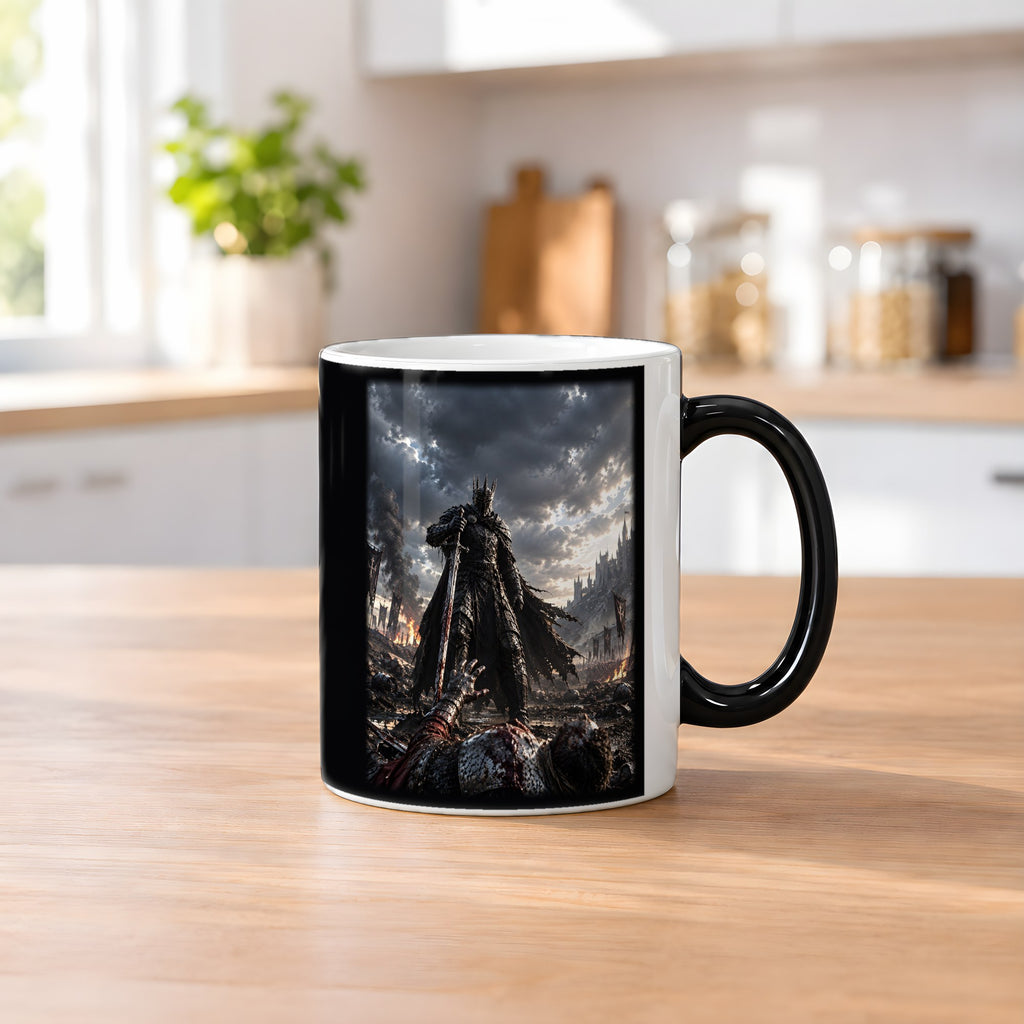 Über den Gefallenen – Black Edition Zaubertasse mit Motiv (heiß), auf dem Küchentresen
