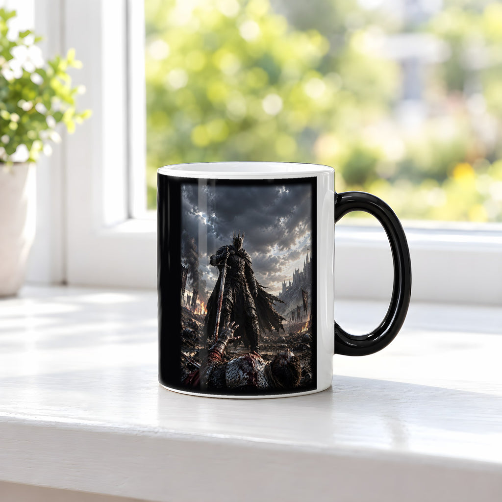 Über den Gefallenen – Black Edition Zaubertasse mit Motiv (heiß), auf der Fensterbank