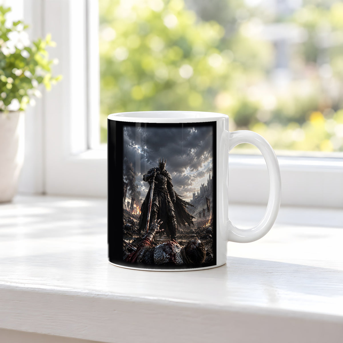 Über den Gefallenen – weiße Tasse, auf der Fensterbank