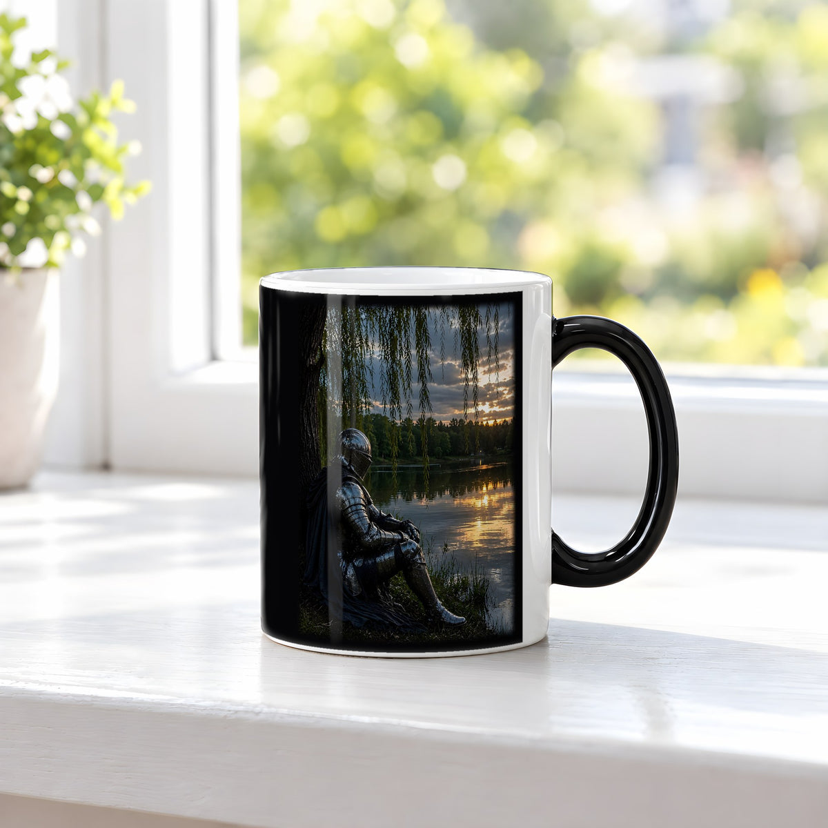Unter der Weide – Black Edition Zaubertasse mit Motiv (heiß), auf der Fensterbank