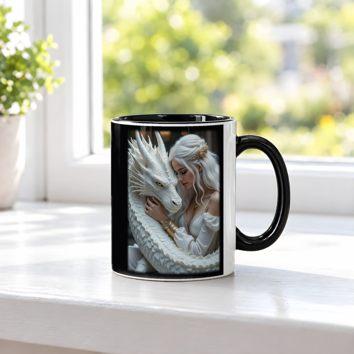 Die Umarmung – Tasse innen schwarz, auf der Fensterbank