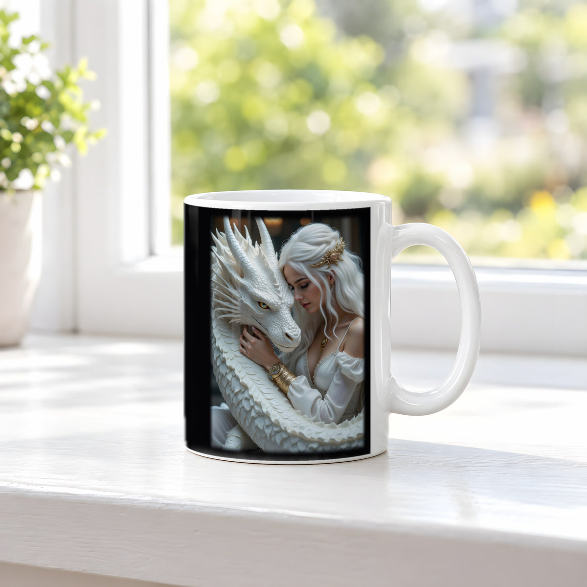 Die Umarmung – weiße Tasse, auf der Fensterbank