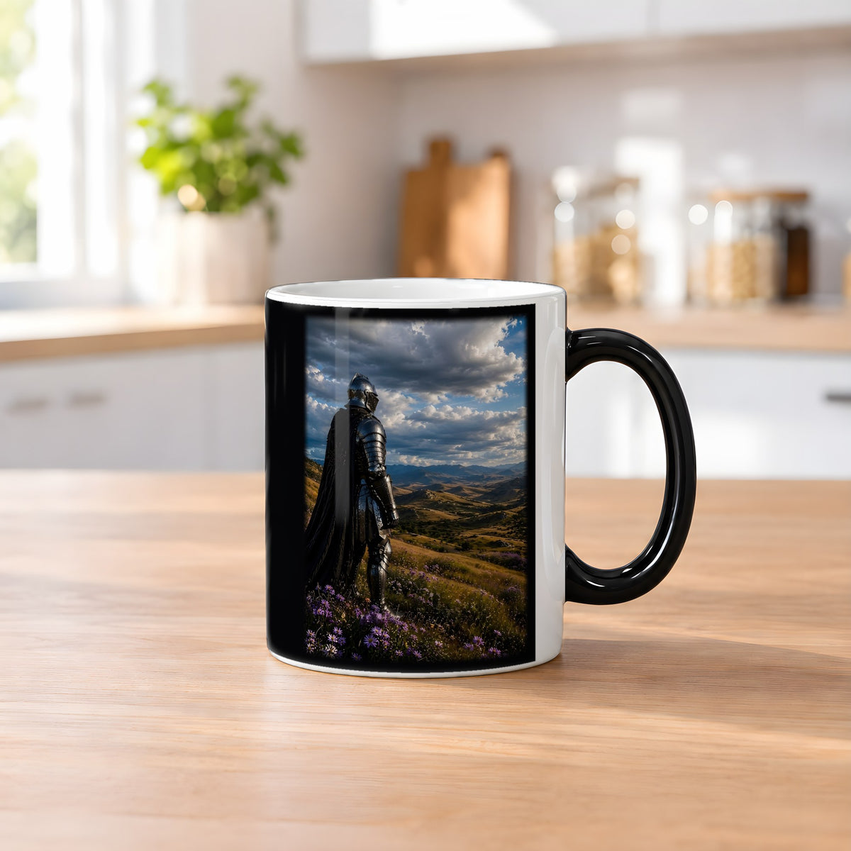 Unter weitem Himmel – Black Edition Zaubertasse mit Motiv (heiß), auf dem Küchentresen