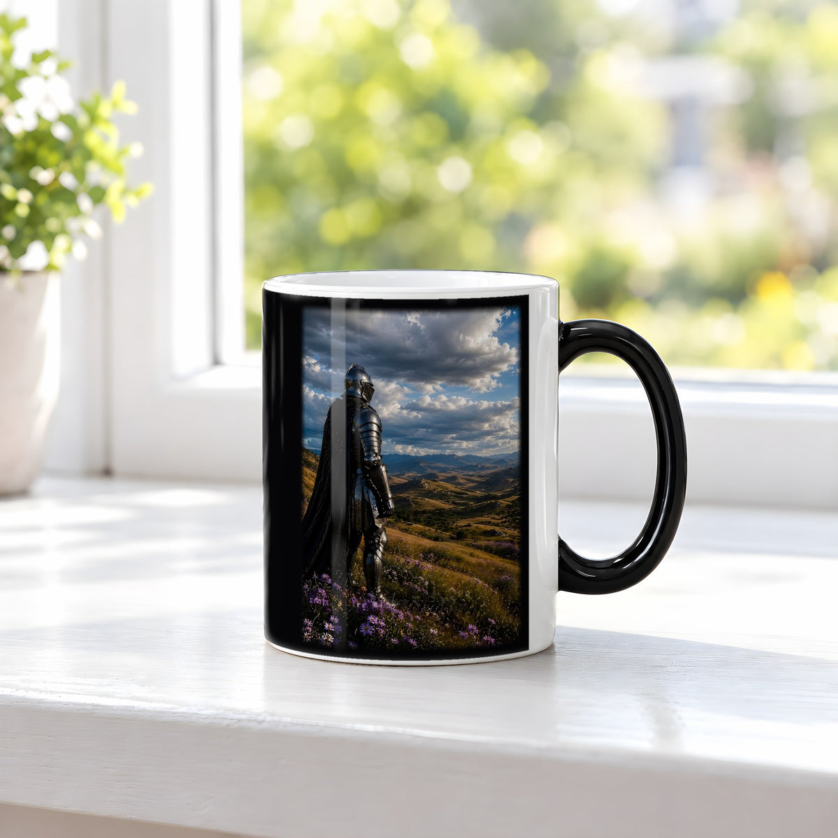 Unter weitem Himmel – Black Edition Zaubertasse mit Motiv (heiß), auf der Fensterbank