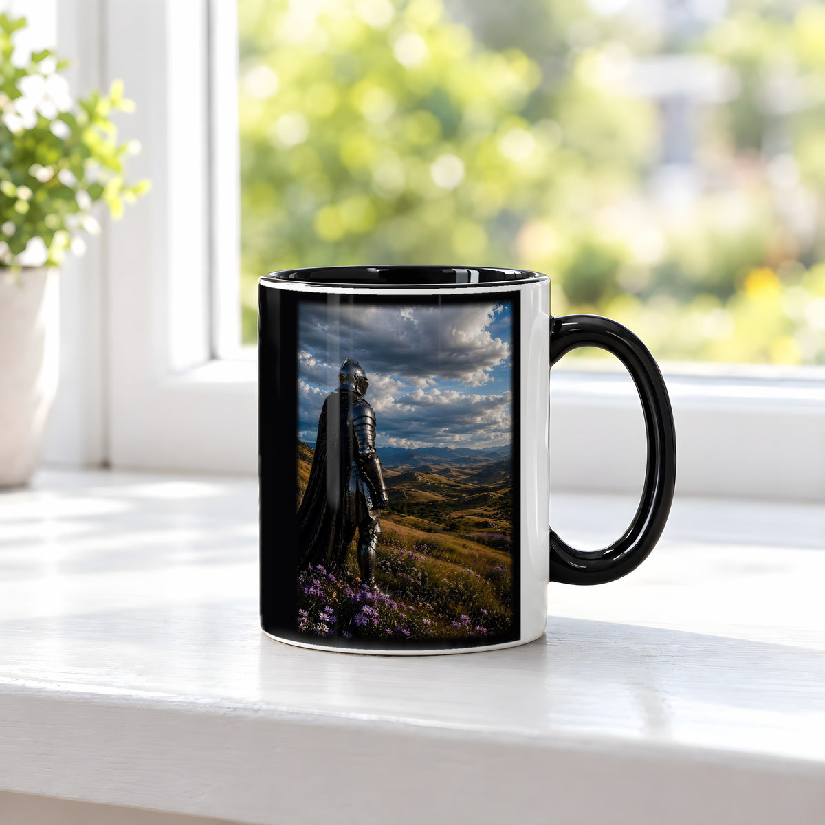 Unter weitem Himmel – Tasse innen schwarz, auf der Fensterbank