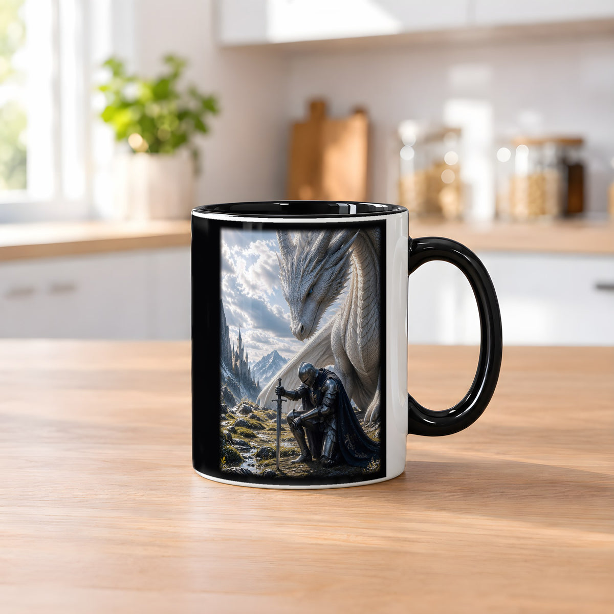 Unter weißen Schwingen – Tasse innen schwarz, auf dem Küchentresen