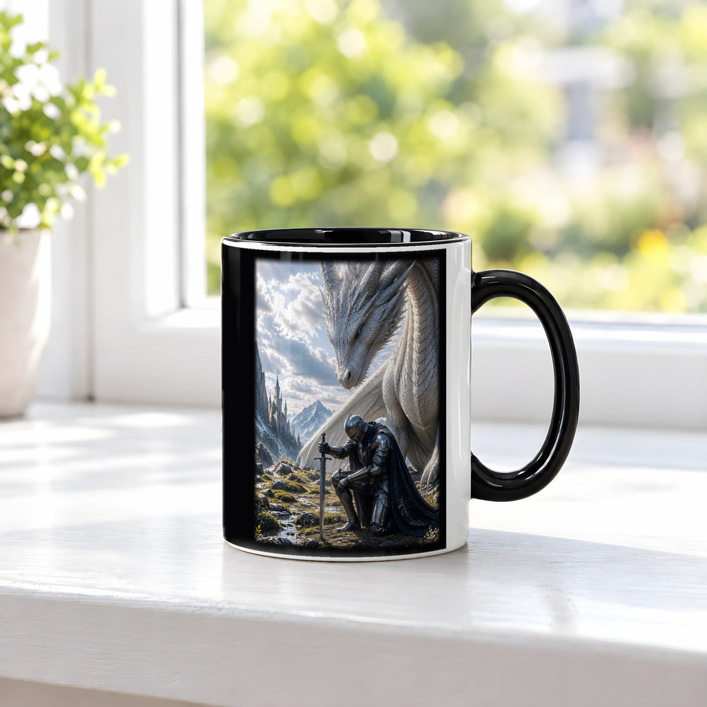Unter weißen Schwingen – Tasse innen schwarz, auf der Fensterbank