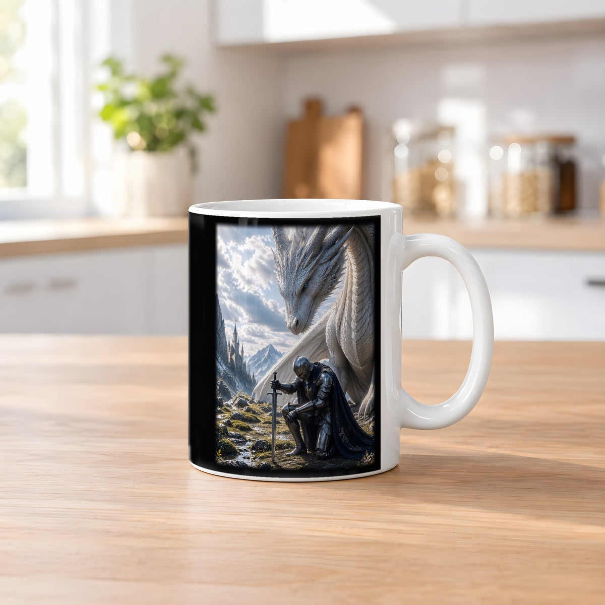Unter weißen Schwingen – weiße Tasse, auf dem Küchentresen