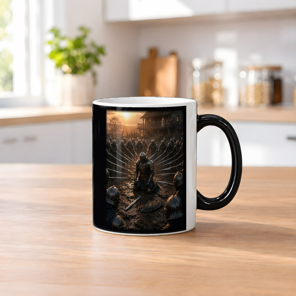 Vor ihren Augen – Black Edition Zaubertasse mit Motiv (heiß), auf dem Küchentresen