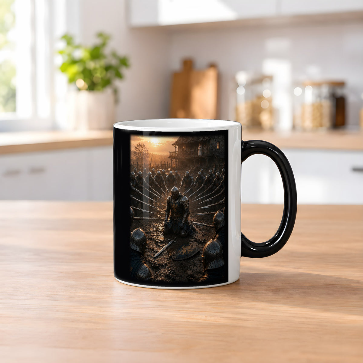 Vor ihren Augen – Black Edition Zaubertasse mit Motiv (heiß), auf dem Küchentresen